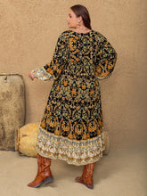 Plus Size Floral V-Neck Balloon Sleeve Midi Dress OutfitFlow